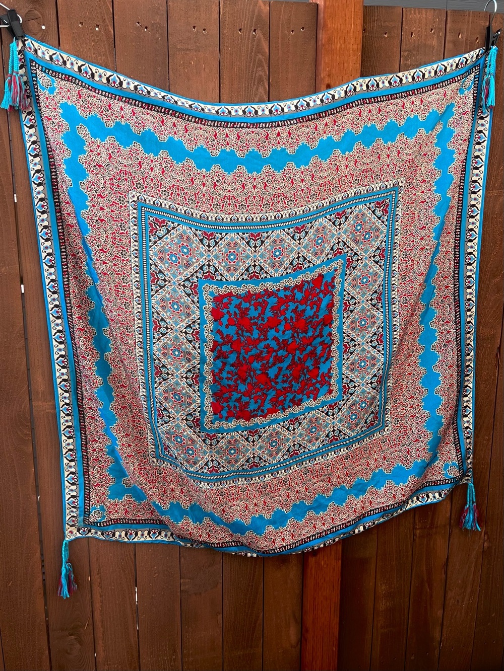 💯 Silk Johnny Was Scarf with Tassels 42 x 42